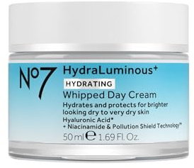 No7 HydraLuminous+ Hydrating Whipped Day Cream - Hyaluronic Acid Facial Moisturizer with 2% Vitamin B3 Niacinamide for Skin Barrier Repair & Visibly Healthy-Looking Skin (1.69 Fl Oz)