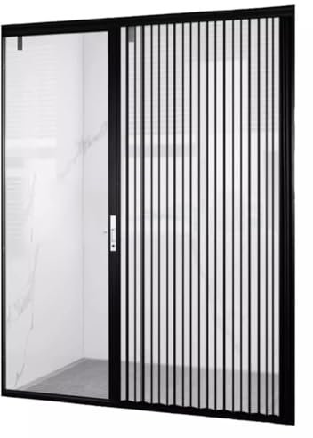 Falttür Abschließbare Falttür mit Bausatz, 24 26 28 30 32 34 36 38 40 42 46 48 50 52 56 60 70 72 74 76 Zoll, Transparente Paneele, Schiebegitter(Color:Black,Size:54x80in(136x203cm))
