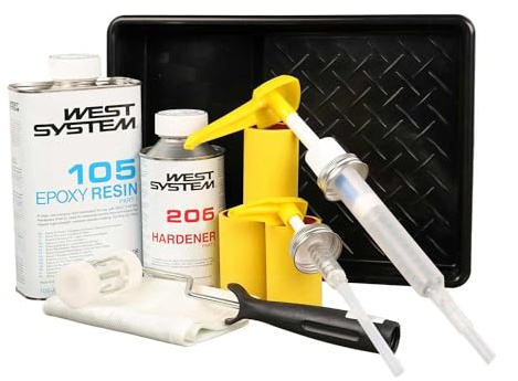 Epoxidharz Set | A-Pack 105-205A/206A + Minipumpenset 301-5A (Mix 5:1) + Zubehör (Walze, Roller, Glasgewebeband (1m²) | Reparatur, Benetzung, Verklebung: Boot, Auto, Holz, GFK (105-206 - langsam)