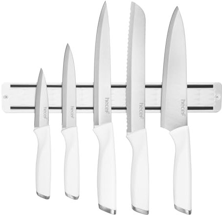 hecef 6-Piece Kitchen Knife Set with Magnetic Wall Holder – Ultra-Sharp Stainless Steel Knives for Meat and Vegetables (White)