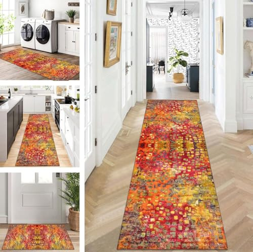 ZUZEKU Teppich Läufer Lang Flur Küche rutschfest waschbar Teppichmatten Modern Design Küchenläufer Gelb Rot Orange 80X200cm Küchenteppich Meterware Esszimmer Schlafzimmer Wohnzimmer Schmutzfangmatte