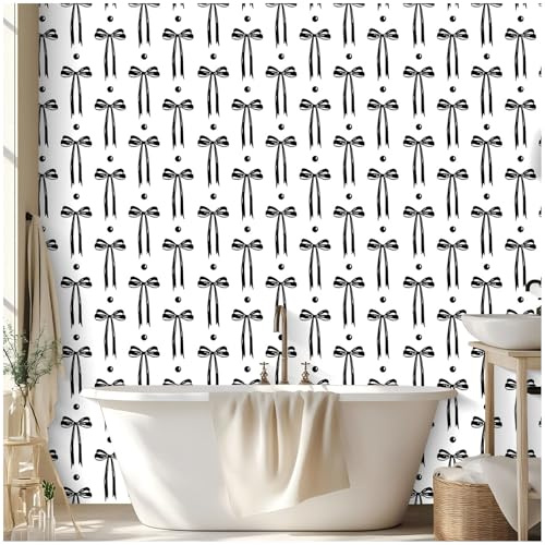 HAOKHOME Black and White Wallpaper Self Adhesive Bow Wallpaper Kids Room | Peel and Stick Textured Removable Modern Kids Contact Paper for Bathroom Bedroom 3m x 44.5cm