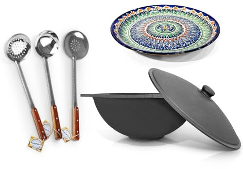 ZARENHOFF Kazan de hierro fundido de 16 l de diámetro, 46,5 cm de diámetro, base plana con lagan de 37 cm de diámetro, cuchara espumosa para cucharón Plov uzbeko olla WOK Kazan Ljagan Namangan Asia