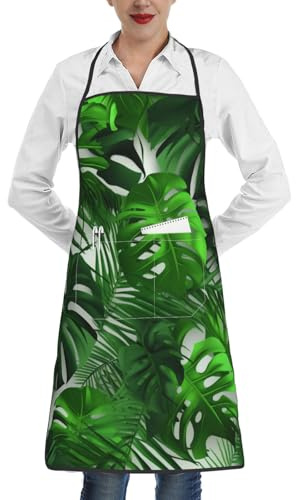 Monstera Tablier de cuisine imperméable et réglable avec poche pour homme et femme Motif feuilles de palmier bananier, blanc, taille unique