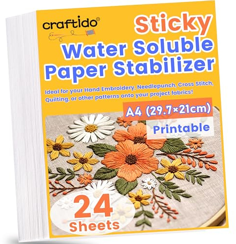 Craftido A4 24PCS (29.7x21cm) Estabilizador de bordado Autoadhesivo soluble en agua Papel Disolvente Imprimible, Peso Medio Permitido para Imprimir o Dibujar Patrones, Bordado a Maquina y a Mano
