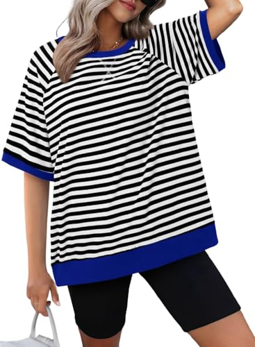 KISSMODA Womens Oversized T Shirts Striped Color Block Summer Tops Crew Neck Short Sleeve Blouses Loose Casual Clothes