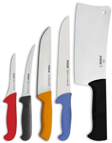 Pirge Metzgermesser Set 5 TLG Schlachtermesser - Fleischermesser - Stechmesser - Exzellenter Schärfe Ausbeinmesser - Hackmesser - Edelstahl Profi Küchenmesser - Ergonomisches Kunststoff Griffdesign