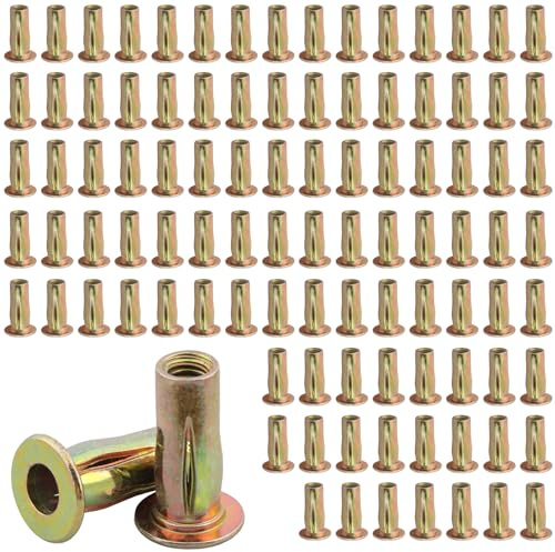 AOKLIT 100 Pack Multi-Grip Rivet Nut Kit, 5/16-18 Rivet Nut Steel Pre-Bulbed Shank, Plus Nut Color Zinc Plated Flat Head Threaded Insert Nut