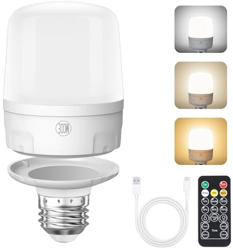 Qoolife Bombilla Recargable E27 con Mando a Distancia Magnética - 9W LED USB-C, 2000mAh para Camping/Armarios/Apagon (Paquete 1 Unidad)