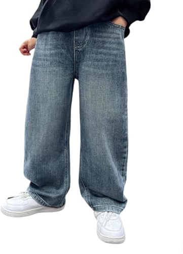 Baggy Jeans Boys Wide Straight Abrasions Jeans with Elastic Width Adjustable Waistband Vintage Casual Children's Denim Trousers Loose Fit Cargo Trousers Streetwear Boys Toddlers
