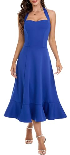DRESSTELLS Women's Halter Cocktail Dresses Wedding Guest Formal Prom Bridesmaid Tea Length Split Ruffle Summer Dress