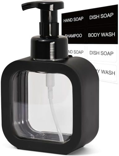 Dispenser di sapone schiumogeno, 300 ml, in plastica, ricaricabile, dispenser di sapone per le mani, con 8 etichette impermeabili, bottiglia a pompa in schiuma, per bagno e cucina
