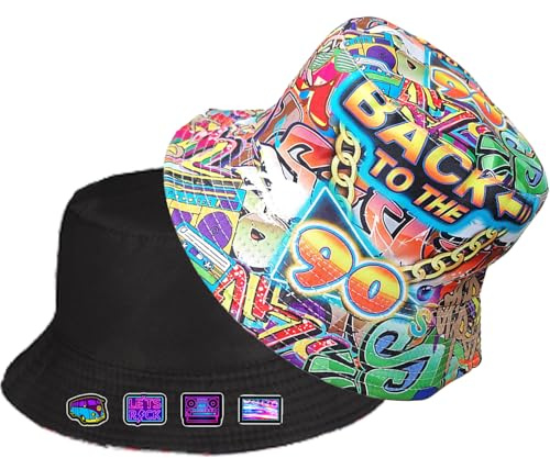ZenyTra Chapeau de pêcheur rétro des années 90 - Style hip hop - Double face - Avec design des années 90 et 20 autocollants fluo - Réversible - Pour tenues et fêtes des années 80