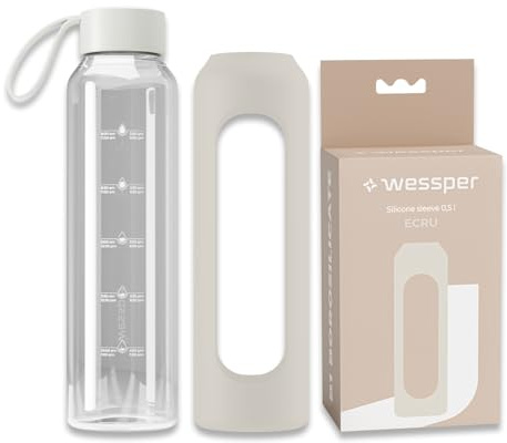 Wessper Botella de vidrio funda de silicona, botella de vidrio borosilicato con marca de tiempo 500 ml, botella deportiva ideal para fitness, deporte escolar, niños - Crudo