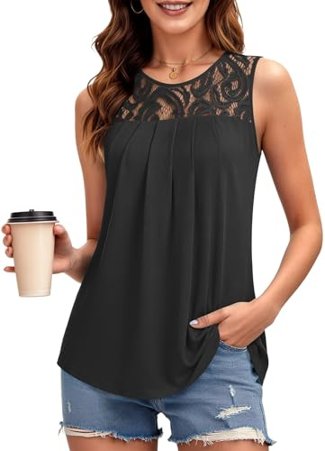 PLMOKEN Canotta Donna Estiva con Pizzo, Canotte Estive Eleganti, Top Senza Maniche Lungo, Abbigliamento Estivo Camicette Blusa per Donne Nero M