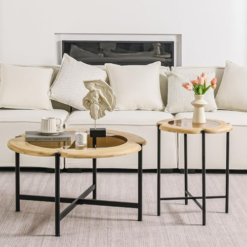 Cagnolier Couchtisch Rund 2er Set, Wohnzimmertisch Rund 2er Set in Blumenform, Beistelltisch mit Metallbeinen, Couchtisch Holz mit Glas, Coffee Table für Wohnzimmer und Schlafzimmer