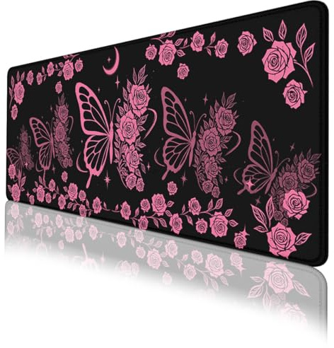 Pink Butterfly Rose Gaming Mouse Pad Romantic Gothic Floral Extended Gaming Mouse Pad Mat with Stitched Edge Non-Slip Base Big Mouse Mat