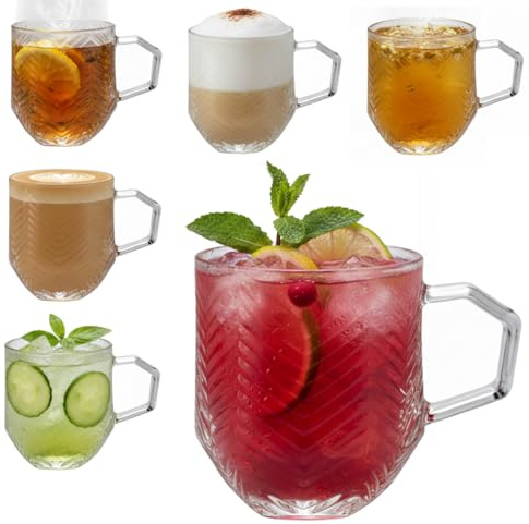 Oceano Set 6 Tazze in Vetro Trasparente con Texture a Spina di Pesce 250ml Bicchieri Texture per Cappuccino, Tè, Tisane e Cocktail Design Elegante con Manico Ergonomico