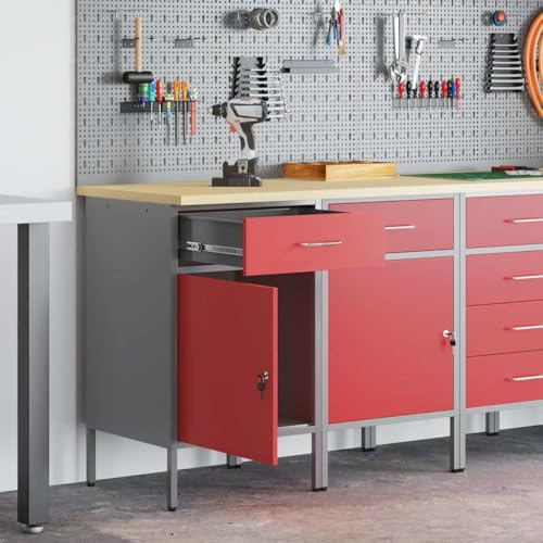 Mokuyary Mobile da lavoro, 2 pezzi, rosso e grigio, 100 x 55 x 85 cm, banco da lavoro, garage, tavolo da lavoro, fai da te, per officina, capannone, casa -B
