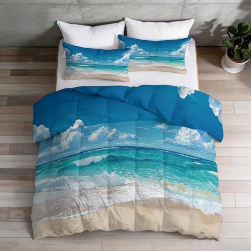 Barntäcke, 140 x 200 cm, tropiskt blått för flicka pojke - sängkläder för 1 person, lätt och mjukt - täcke för alla årstider, kuststrand och blå himmel med 2 örngott