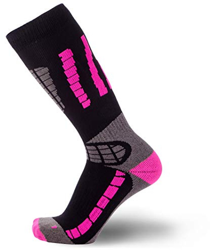 Pure Athlete Kids Ski Socks - Merino Wool OTC Winter Skiing Sock for Boys Girls (1 Pair - Black/Neon Pink, X-Small-Small)