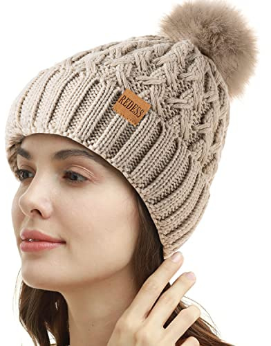 REDESS - Gorro de Invierno con pompón para Mujer, Gorros cálidos con Forro Polar, Gorro Cruzado de Punto de Nieve Holgado Grueso para Damas
