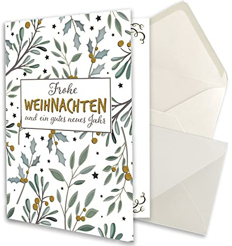NEUSER PAPIER 100x kleines Weihnachtskarten-Set DIN A7 in Weiß mit Mistelzweigen und Eukalyptus - Faltkarten mit Umschlägen DIN C7 Naturweiß mit Nassklebung - Weihnachtsgrüße für Firmen und Privat