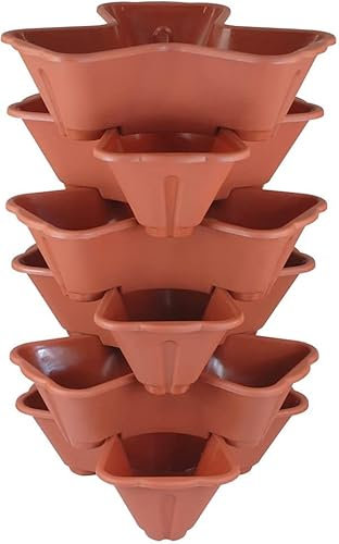 Muddy Hands 6 x Strawberry Planter Trio Stacking Stackable Outdoor Garden Flower Herb Plastic Plant Pot (Terracotta)
