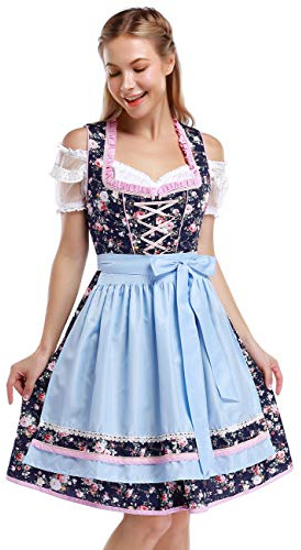 KoJooin Traditionell Dirndl-dräkt i 3 delar för kvinnor, för Oktoberfest, fin midikjol, klänning, blus, förkläde, M