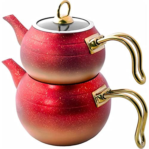 MOBEBI Teekanne, Granit-Teekessel, rote und goldene Griffe, Glasdeckel, große Kapazität, doppellagige Teekanne, Teekessel-Teekanne