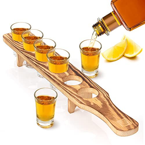 Don Paragone Shot Glass Holder Tray Bulk Set - Pine Wood Shot Board & 6 Pc Shot Glasses Set for Serving Drinks - Rustic Boho Decor - Tequila Glasses with Wooden Tray for Restaurant, Bar, Party