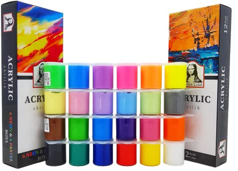 SÜDOR Monalisa Acrylfarben-Set. 24 Farben je 22ml. 12 Acrylfarben, 6 Neon-Fluoreszierende-Farben, 6 Chalky-Pastellkreidefarben. Deckend, leuchtend, auf Wasserbasis, Ungiftig