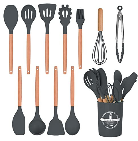FIOUSY Kitchen Utensil Set, 12 PCS Silicone Cooking Utensils Set with Wooden Handle, Heat Resistant, Nonstick Cookware Tongs Spatula Spoon Set, Dishwasher Safe, Best Kitchen Tools with Holder (Grey)