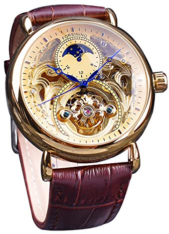 FORSINING Herren-Armbanduhr, automatisch, selbstaufziehend, mit schwarzem Silikonband, Retro-Skelett, Mondphase, großes Zifferblatt, mechanische Armbanduhr, Gold 2, Armband