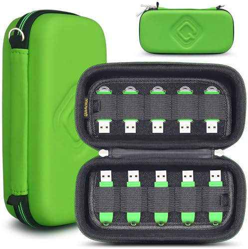 QUENZROC USB Drive Case Organiser Fits 20 Flash Thumb Drives USB Sticks Holder Hard Storage Case Portable Box Travel Carrying Pouch Green