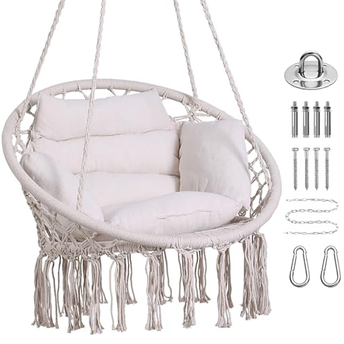 Goutime Makramee-Hollywoodschaukelstuhl, Hängematte, Baumwollseilstuhl mit Kissen und Hardware-Kit, Raumdeckenschaukel für drinnen und draußen, Schlafzimmer, Außenbereich, Garten, Balkon, Hof, Deck,