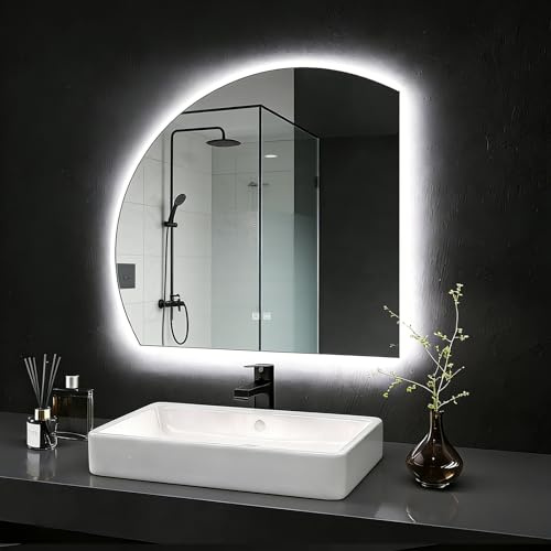 JSLJDM Specchio Bagno con Luce Semicircolare, Specchio Bagno Retroilluminato con Anti-Appannamento, Temperatura Colore Regolabile 3000K-6500K, Vetro Temperato HD Specchio Bagno LED