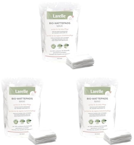 Larelle Bio-Wattepads Maxi für Mama & Baby, 180 Stück im Vorratspack, GOTS Ecocert, perfekt für die Baby-Pflege und die tägliche Schönheitspflege (Packung mit 3)