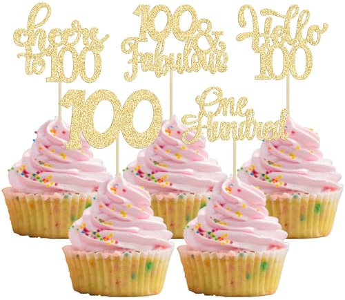 Gyufise 30pcs Happy 100th Birthday Cupcake Toppers - Gold Glitter One Hundred Cheers to 100 Years Old Cupcake Picks for Anniversary Party Cake Decorations