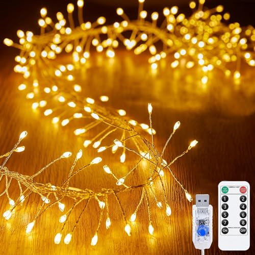 KINGCOO Ghirlanda di luci fatate a grappolo con telecomando, impermeabile, 200 LED, filo argentato, luci a stringa firecracker, alimentazione USB, per esterni, interni, camera da letto, finestra