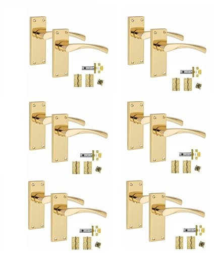 Golden Grace Victorian Scroll Astrid Door Handles Latch in Polished Brass with 1 Pair of 3 Standard Butt Hinges & Latches Pack, 6 Sets - 120mm x 40mm Backplate