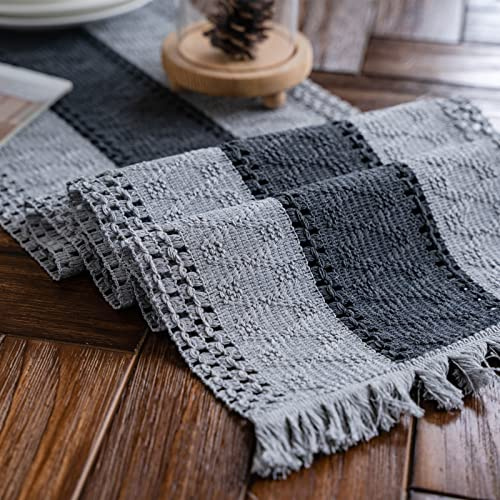 Weldomcor Makramee Baumwollflachs Mesh Tischläufer Grau 30x240cm | Rechteckige Abwaschbar Tischläufer mit Quasten, Boho Vintage Bauernhaus, Ideal für Küche Hochzeit Esszimmer Feierlichkeiten
