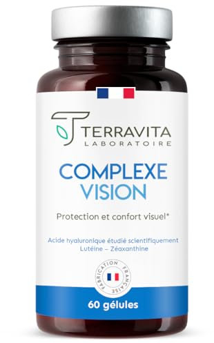 COMPLEXE VISION | Complément Alimentaire Yeux Secs et Fatigués | Acide Hyaluronique Breveté, Lutéine, Zéaxanthine, Myrtille, Vitamines et Zinc Bisglycinate | 60 Gélules | Made in France | Terravita