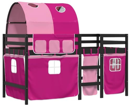 vidaXL Kinder Hochbett, Kinderbett mit Tunnel, Spielbett Bett für Kinder ab 6 Jahren, Etagenbett Bettgestell, Rosa 90x190cm Massivholz Kiefer