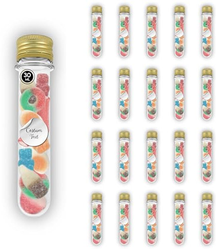 20 Reagenzgläser aus transparentem PET-Kunststoff, 30 ml, mit Schraubverschluss, Süßigkeiten und Etikett personalisierbar, Labor, Kunststoffröhrchen, sensorische Flaschen – Süßigkeiten, Partys,