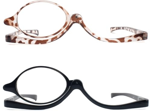 FEIVSN 2 Pack Makeup Reading Glasses for Women Flip Down Cosmetic Magnifying Readers Make Up Eyeglasses Spring Hinge, Black/Brown, +1.75