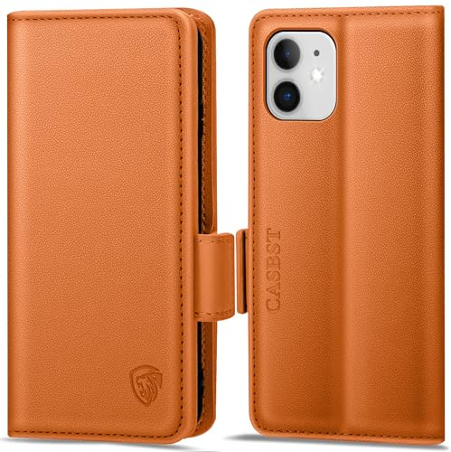 CASBST Handyhülle für iPhone 12/iPhone 12 Pro Hülle Premium Leder Schutzhülle Klappbar mit Kartenfach Ständer Magnet für iPhone 12 Pro Handytasche mit RFID Flip Case Klapphülle für iPhone 12 Orange