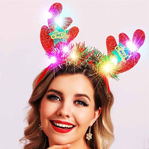Reaky Cerchietto natalizio con luci LED, luccicanti, corna di renna, fascia per capelli, stella scintillante, fascia natalizia, accessorio per capelli per donne