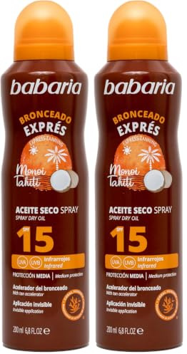 Babaria - Bruma Aceite Seco con SPF 15, Spray Acelerador del Bronceado, Protección Media Contra UVA, UVB e Infrarrojos, Aplicación Invisible y Absorción Inmediata, 100% Vegano - 200 ml (Paquete de 2)
