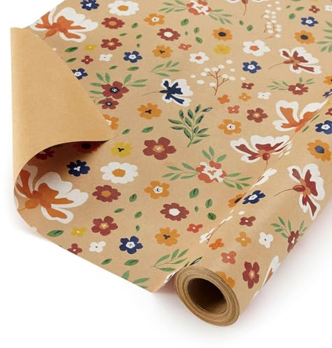 WERNNSAI Geschenkpapierrolle mit Blumenmotiven aus Kraftpapier – 1 Rolle 43 cm x 10 m Blumenstrauß-Geschenkpapier, braunes Geschenkpapier für Kinder und Erwachsene Wildblumen dekoratives Kunstpapier